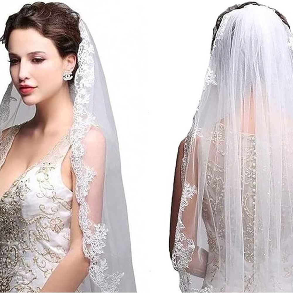 Bride Lace White Veil  embroidered 60” long